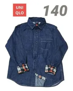 UNIQLO キッズ デニム長袖シャツ チェック 140 男女兼用 ネイビー