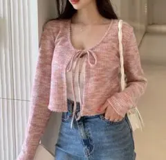 未使用品　ピンクニットカーディガン 長袖 リボン付き　Ｌサイズ