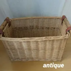 アンティーク　籐製 長方形バスケット 木製持ち手付き