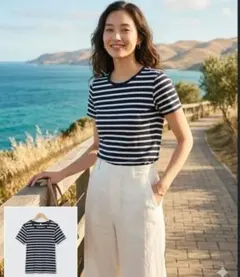 トップバリュ ボーダー Tシャツ ネイビー ホワイト 紺 白 クルーネック 半袖のサムネイル