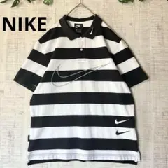 NIKE ナイキ ボーダーポロシャツ ビッグスウォッシュ 刺繍 黒×白 XL