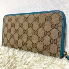美品✨ GUCCI グッチ 長財布 GGキャンバス ラウンドジップ ターコイズ