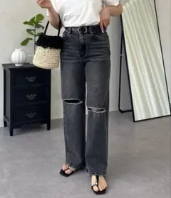 ジーンズデニムパンツ 「MOMO」ダメージストレッチストレートデニム レディース