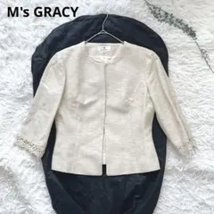 エムズグレイシー 袖レース飾り ノーカラージャケット フォーマル アイボリーM