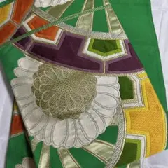 緑色の花柄刺繍帯　レトロ　アンティーク