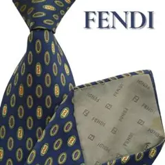 FENDI フェンディ ネクタイ FFロゴ オーバル 小紋柄 ネイビー