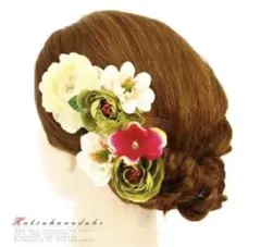 髪飾り成人式振袖袴花浴衣夏祭り3点セッ ト白緑ピンク 椿薇 ヘアアクセかんざし