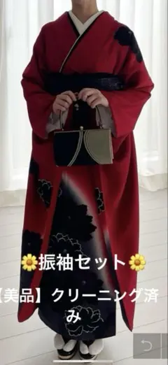 振袖フルセット 色無地振袖 地紋 赤×黒 正絹 成人式 - メルカリ