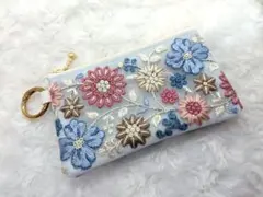 フラットポーチМサイズ　インド刺繍リボン×合皮　12cmファスナー