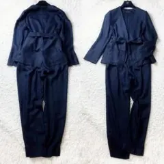 1美品 グリーンレーベルリラクシング リネンライク セットアップ ノーカラー 紺