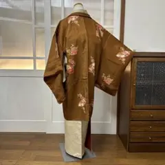 あ*か様 長羽織　アンティーク　正絹　桑茶色×橙　渦巻紋　身丈97.5裄65