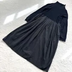 ミズイロインド 異素材切り替え ロングワンピース ハイネック 洗濯可 とろみ素材