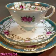 オールドノリタケ 陰浅葱帯 金盛薔薇絵図 カップ&ソーサー1客！