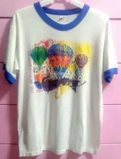 80s USA製 気球 花火 カラフル リンガーTシャツ ブルー 音符 イベントのサムネイル