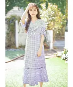 新品未開封＊トッコ　ドロストスリーブシャーリングギンガムチェックワンピース　紫