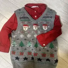 クリスマス サンタ柄 ニットベストとシャツセット