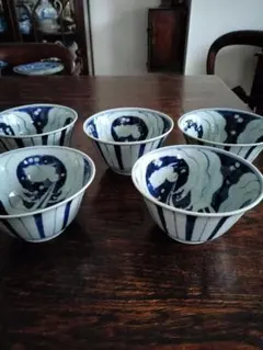 京名工 幹山伝七 青花煎茶碗5客 網代ケース付 東Y8-0611☆新トコエ