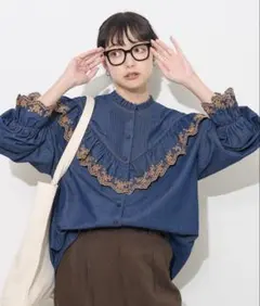 FREAK'S STORE デニムフリル刺繍シャツ 長袖