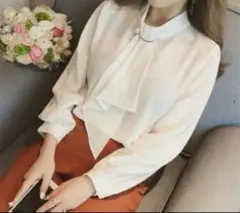 パール付 ボウタイブラウス 白 L 入学式 卒業式 通勤 オフィス セレモニー