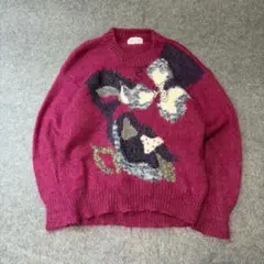 90s vintage 立体刺繍 3Dニット シャギー ラメ糸 レトロ 古着