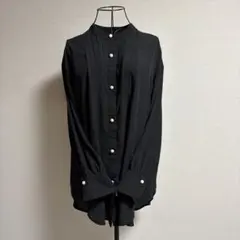 レディース バンドカラー ブラウス プリーツ パールボタン ブラック　L