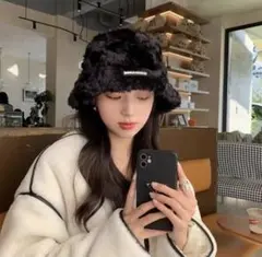 ファーハット　モコモコ　レディース　韓国　可愛い　ブラック バケットハット 黒