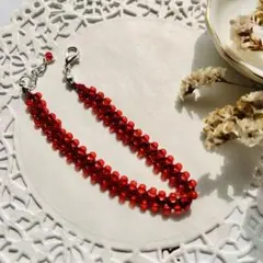 かぎ針編み　ブレスレット　ビーズ　レッド　ハンドメイド