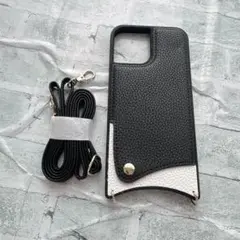 そ　iPhone12 Pro Max ケース ショルダー　黒　白　レザー