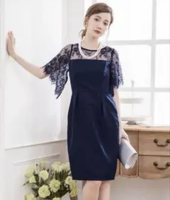 レース5分袖お呼ばれワンピースドレス DRESS PLUS ネイビー