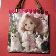 【3】★ミニトートバッグ★猫と少女のイラスト 旅の友　スマホケース　プレゼント
