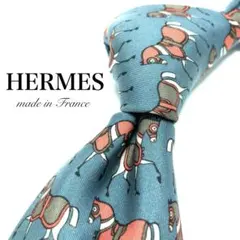 【極美品】HERMES ネクタイ 総柄 ブルー フランス 馬 お洒落