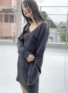 ダークグレー リブ編み ミニワンピース