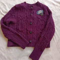 ワインレッド ケーブル編み カーディガン ビジュー付き