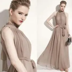 【カーキ/フリーサイズ】ロングワンピース　シフォンドレス　ノースリーブ