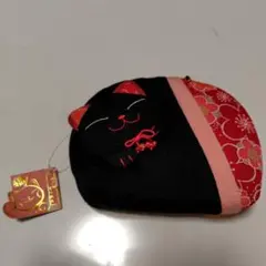 猫デザイン ポーチ 黒赤