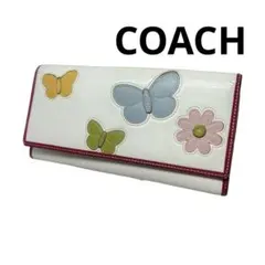 COACH 長財布 バタフライ刺繍 カラフル 人気 花 白×ピンク