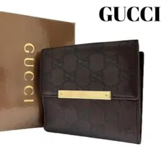 希少✨グッチ 二つ折り財布 GGシマ レザー プレート ブラウン 型押し