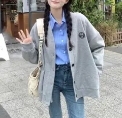 グレー L〜XLサイズ 長袖 カーディガン ワンポイント ボタンカーディガン