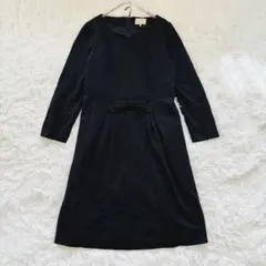 【ローズティアラ】リボン付き長袖ひざ丈ワンピース　ウール100% 黒　42