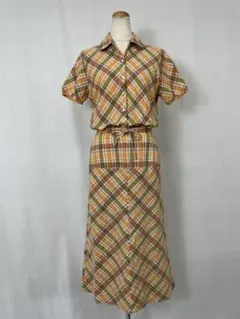 E951 used レトロ チェック シャツ ロング スカート セットアップ