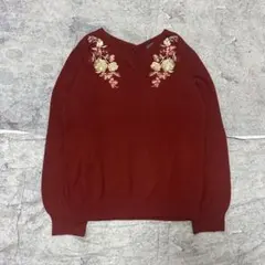 ニット セーター ボルドー 花柄刺繍 긴팔 레트로 フェミニン ガーリー