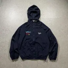 90s Reebokナイロンジャケット 企業刺繍ロゴ バックロゴ 短丈フード収納