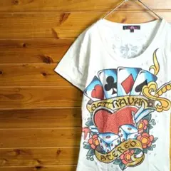 半袖Tシャツ　白　トランプ　サイコロ　ダイス　剣　花　ハート　ドクロ　スカル　L
