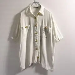 H.A SPORT◇昭和レトロ　半袖シャツ　刺繍　金ボタン　デザイン　リネン混