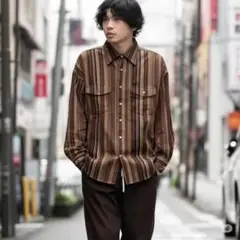 【セール品】KANSAI JEANS ストライプ長袖シャツ ブラウン系 L