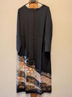 着物リメイク　黒留袖　ワンピース　ロング　Aライン　ベルト紐　金箔　金彩　松竹梅
