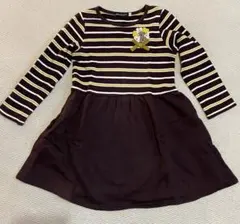 【べべ】ストライプ花モチーフ付き長袖ワンピース 110cm