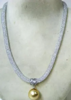 ほぼ未使用 シルバー ネックレス 南洋真珠 ゴールデンパール付14.5～15mm