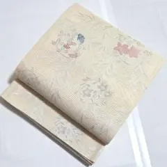 D 夏物 流水に草花 金糸 萩 菊 竹垣 桔梗 六通 正絹 薄物 絽 紗 袋帯