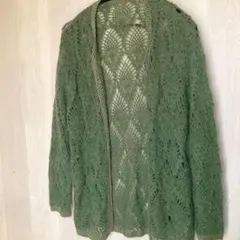 カーキグリーン レース編み モヘアカーディガン